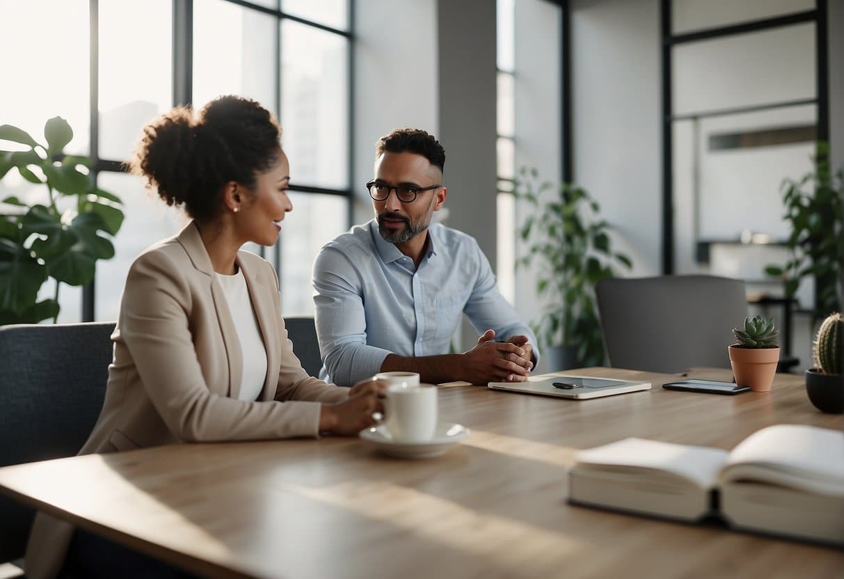 A serene and focused coaching session in a modern, minimalist office setting. A coach and client engage in deep conversation, surrounded by calming decor and natural light