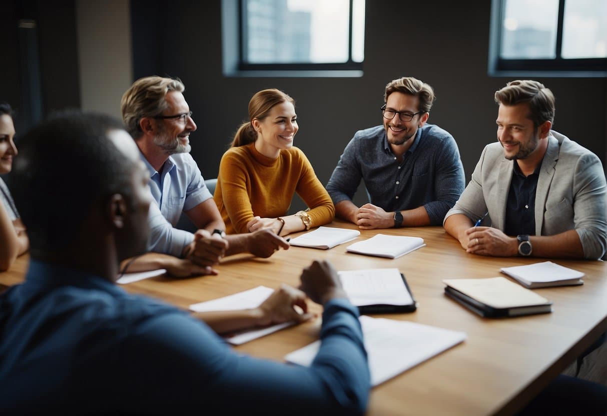 A group of people engaging in a coaching session, exchanging ideas and insights, with a focus on personal and professional development