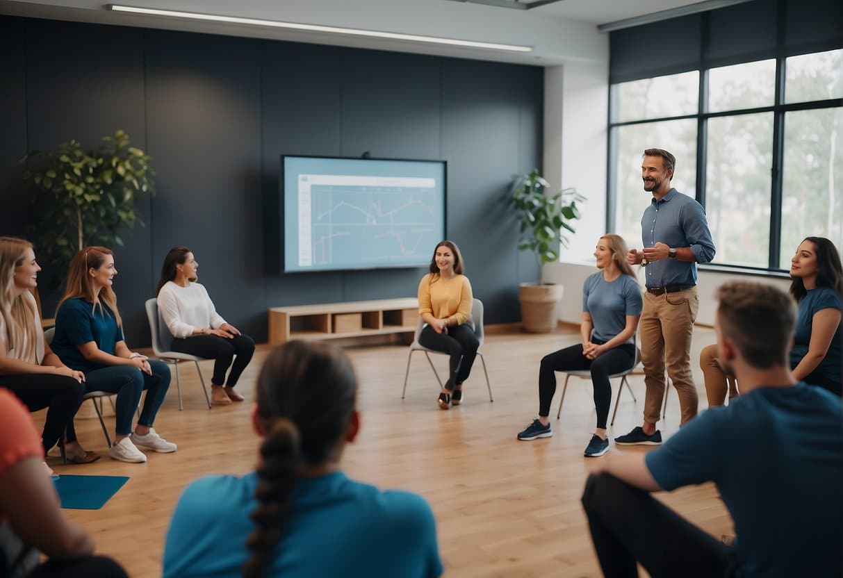 A coach leading a group through interactive exercises in a bright, modern training room