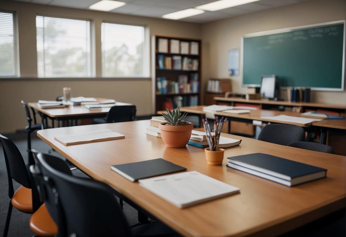 A classroom setting with a whiteboard, desks, and chairs. Books and coaching materials are scattered around the room. The atmosphere is focused and studious