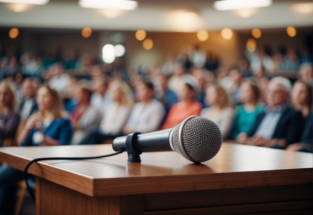 A podium with a microphone stands in the center of a bright, spacious room, surrounded by eager listeners