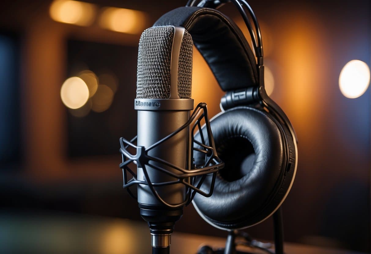 A microphone surrounded by headphones and a soundproof recording booth with the logo of "Specifikke Podcasts Anbefalinger Bedste DR Podcasts" displayed prominently