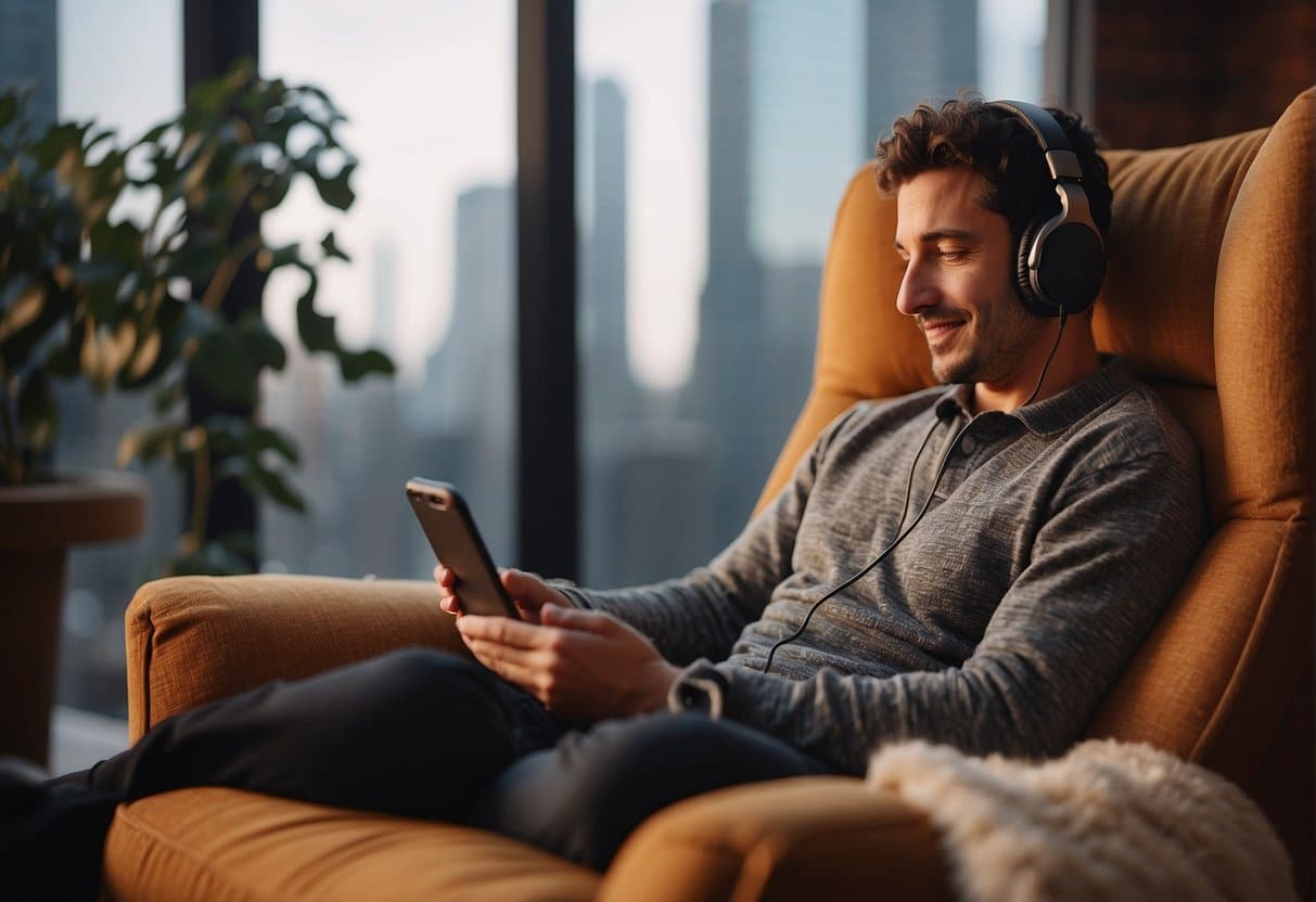 A person listens to a podcast on a smartphone while relaxing in a cozy chair with headphones on, surrounded by a warm and inviting atmosphere