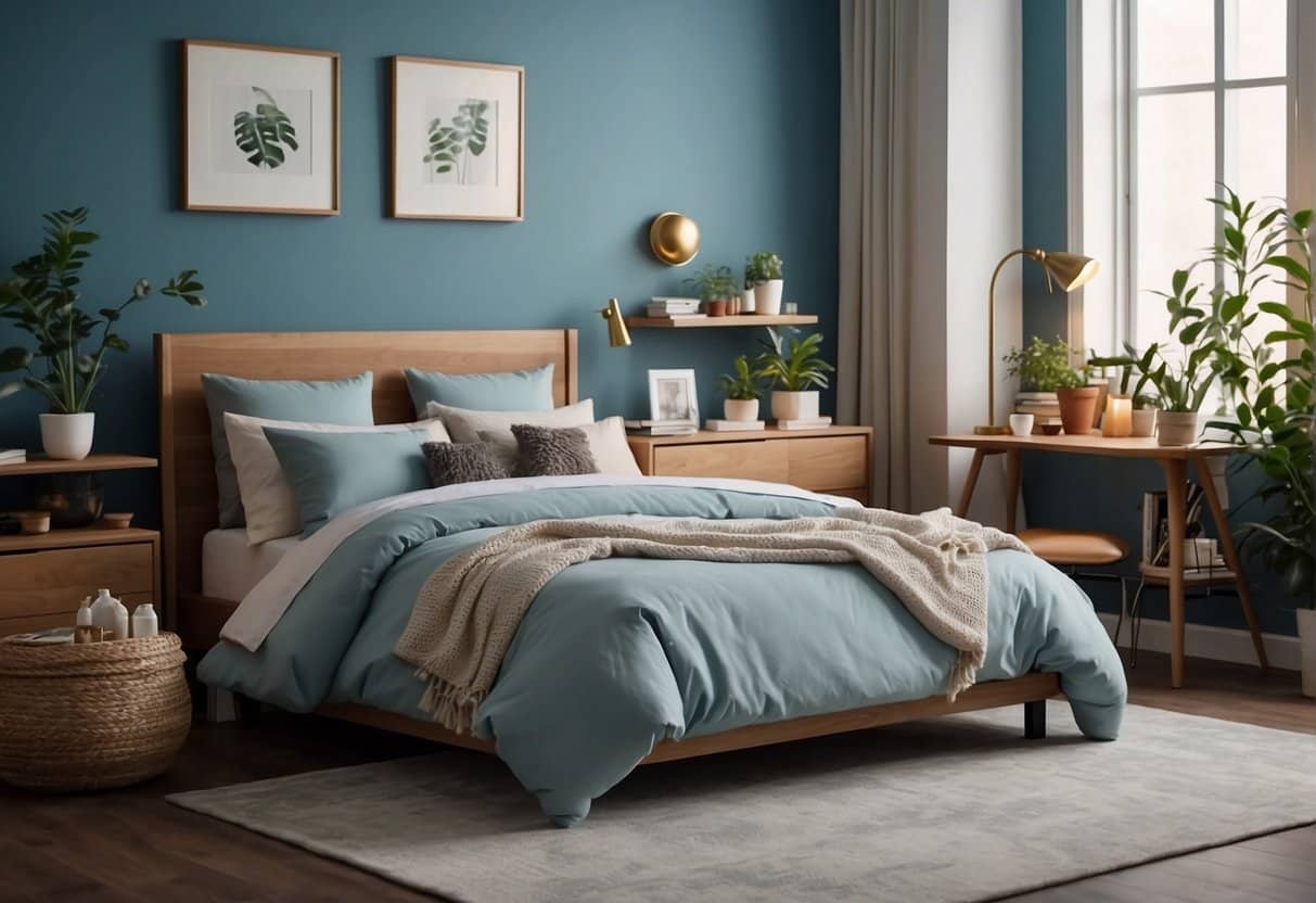 A cozy bedroom with soft blue walls, warm lighting, and a comfortable bed with neutral-colored bedding. A small desk with a potted plant and a bookshelf add a touch of homeliness