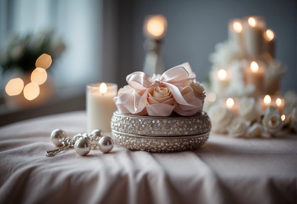 A table adorned with delicate baby girl gifts, including a silver rattle, soft blankets, and a beautiful christening gown