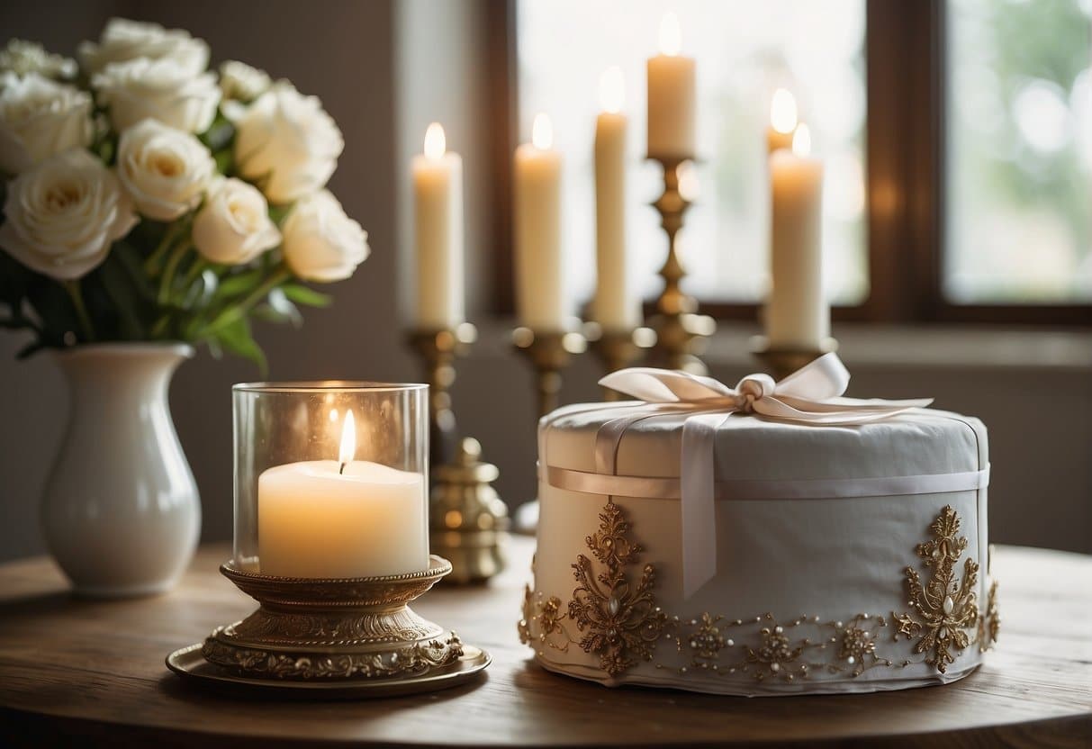 A collection of traditional and modern baptism gift ideas for boys displayed on a table with soft lighting and a peaceful atmosphere