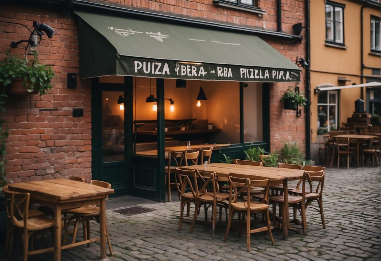 A rustic pizzeria in Århus, 2024. A cozy setting with wooden tables, brick walls, and a wood-fired oven. The aroma of freshly baked pizza fills the air