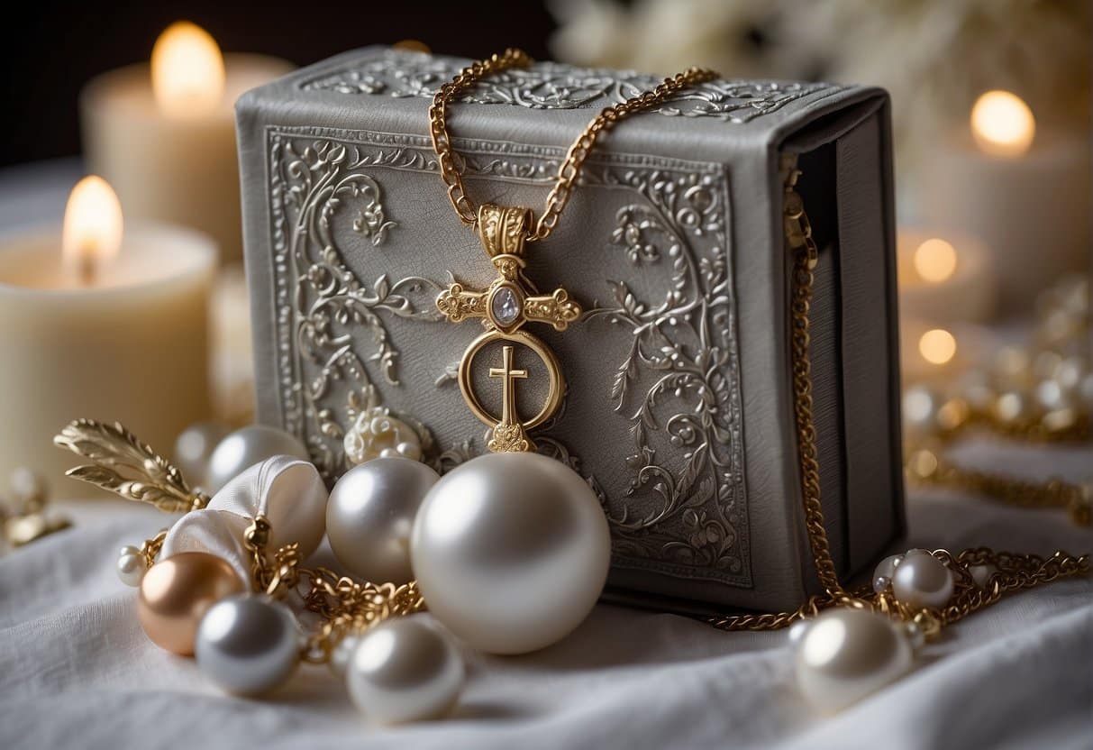 A baby's baptism gift, surrounded by symbols of love, faith, and tradition, including a delicate christening gown, a small Bible, and a silver cross