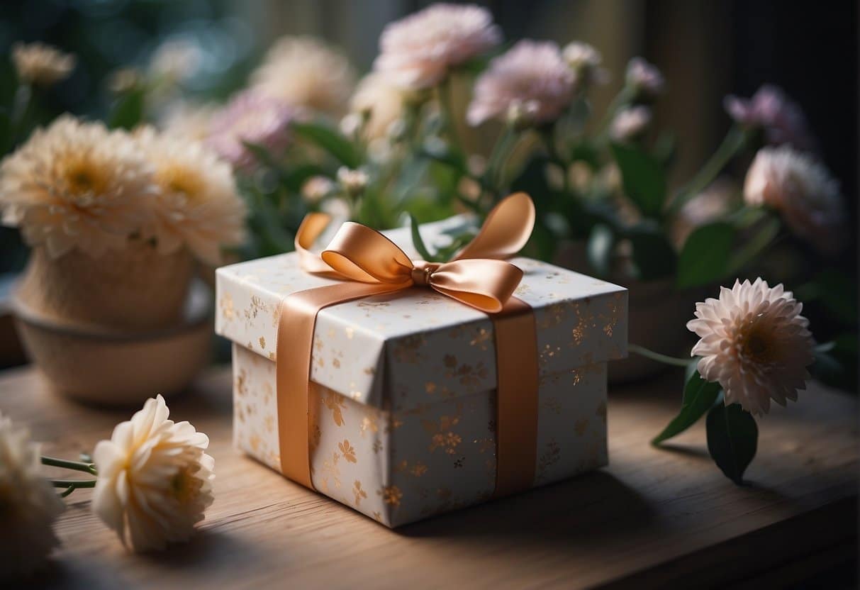 A beautifully wrapped gift box with a ribbon and bow, surrounded by delicate flowers and a soft, glowing light