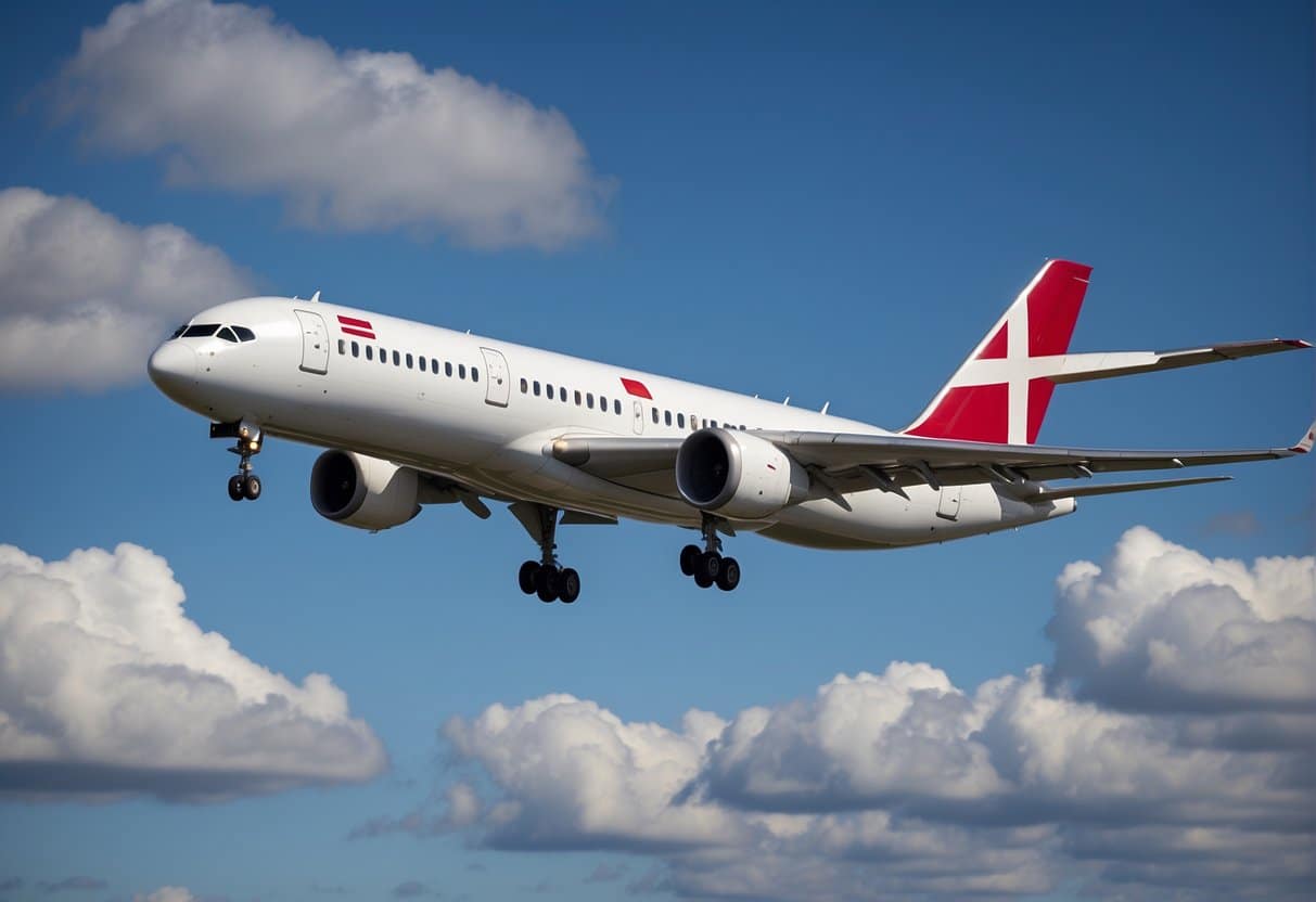 A row of colorful airplanes parked on a sunny runway with the Danish flag flying in the background