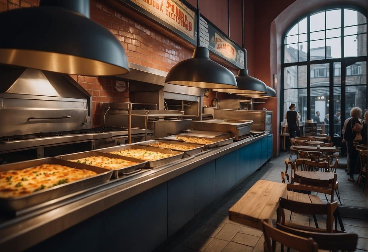 A bustling pizzeria in Århus, 2024. Colorful signage, steaming ovens, and a lively atmosphere fill the space