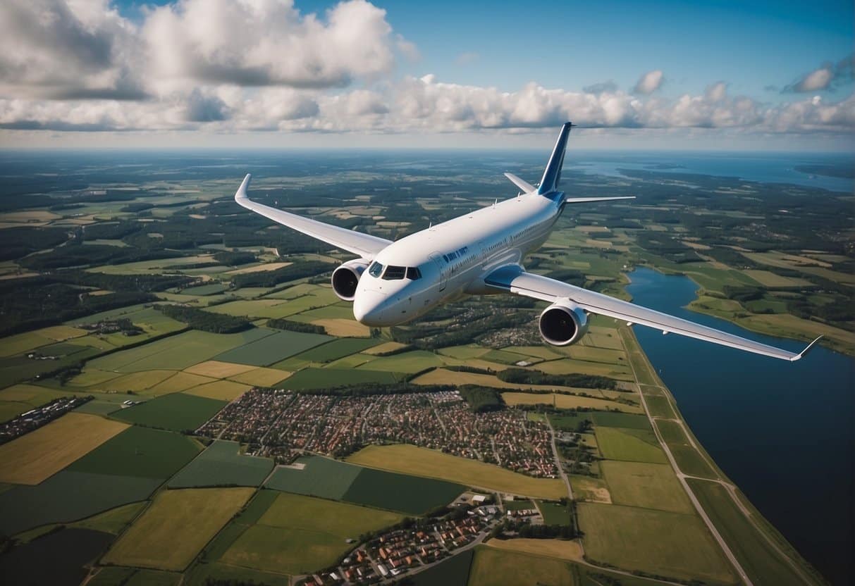 A colorful array of regional and low-cost airlines flying over the picturesque landscapes of Denmark, showcasing the best of the country's aviation industry