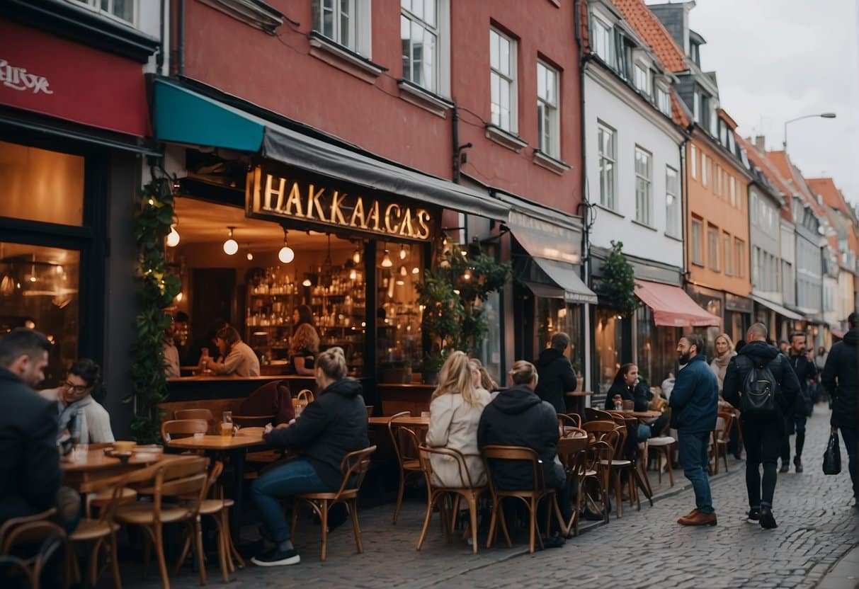 A bustling street in Copenhagen, with colorful signs advertising the best hookah cafes. People are seen entering and leaving the cafes, while others are sitting outside enjoying their shisha