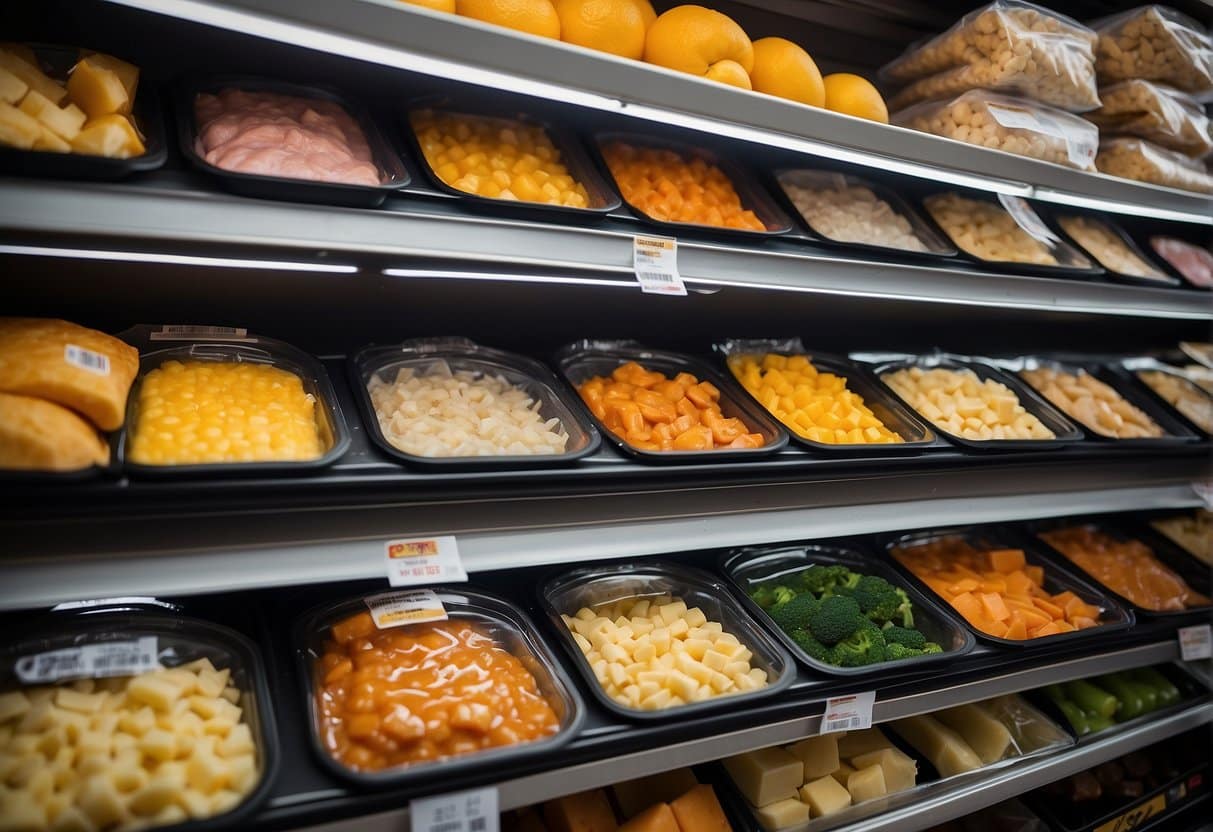 A variety of frozen ready meals from Kundens Valg arranged on a shelf in a grocery store