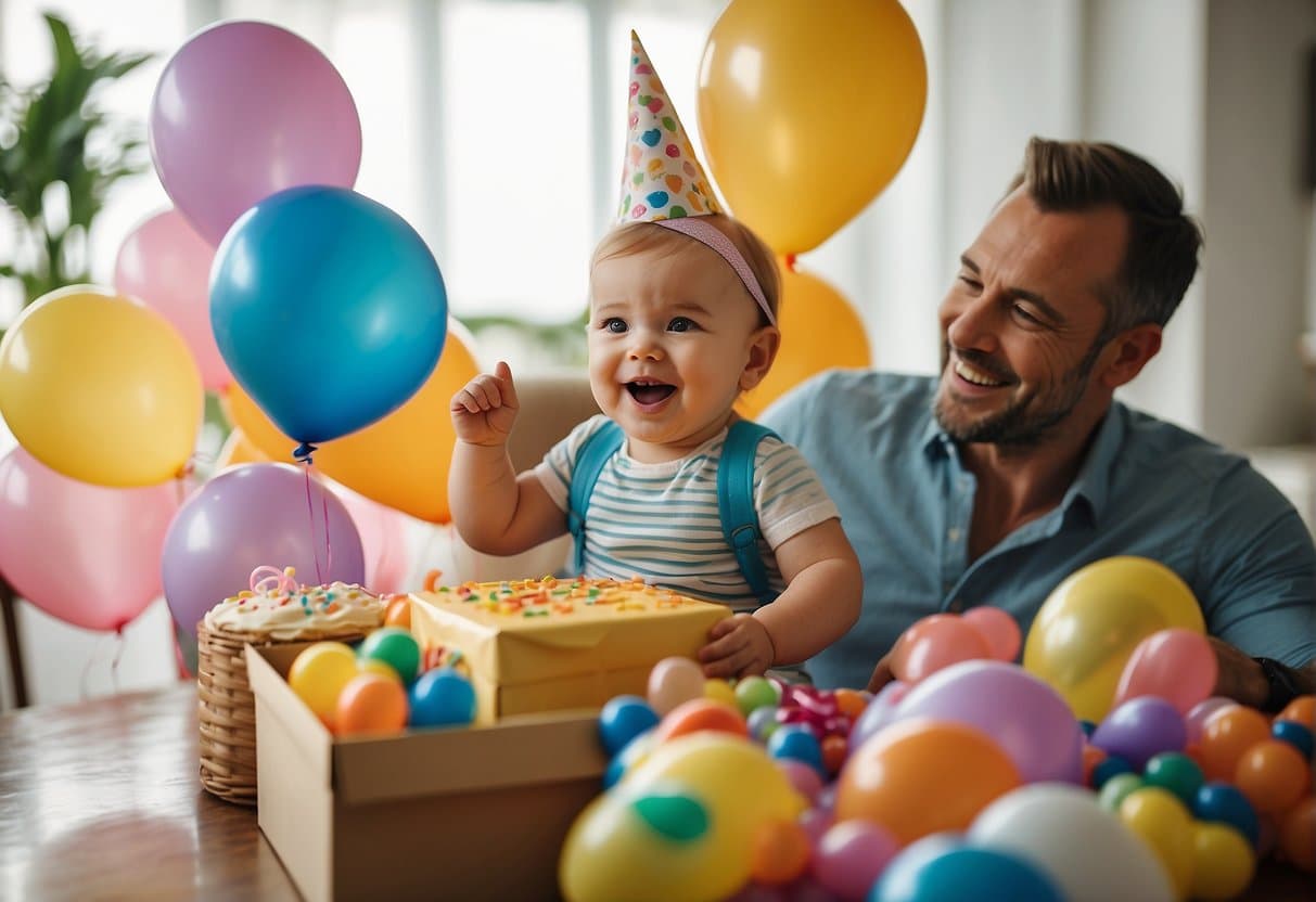 A 1-year-old's birthday party with colorful balloons, a giant present, and happy parents watching their child