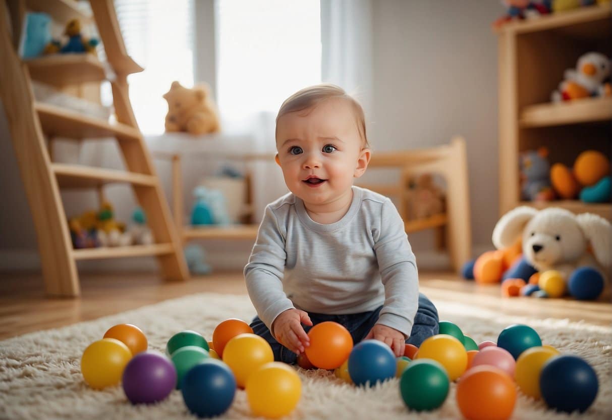 A 1-year-old playing with toys in a room, surrounded by colorful balls and blocks, with a small slide and a plush animal nearby