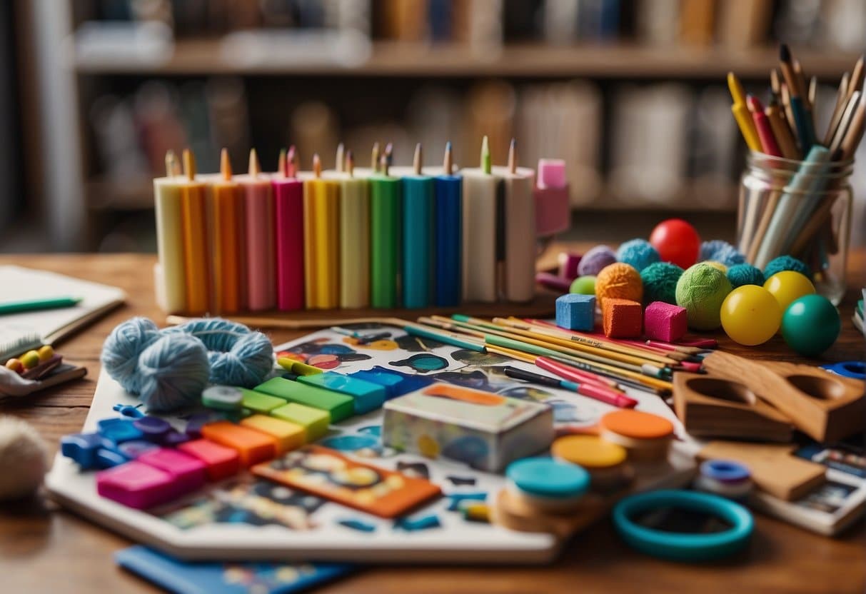 A colorful assortment of art supplies and toys arranged on a play mat, surrounded by books and a small table with drawing materials