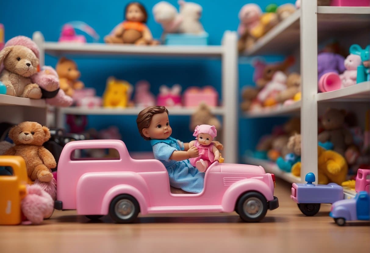 A 1-year-old choosing toys based on gender. A mix of dolls and trucks on a shelf. Blue and pink labels