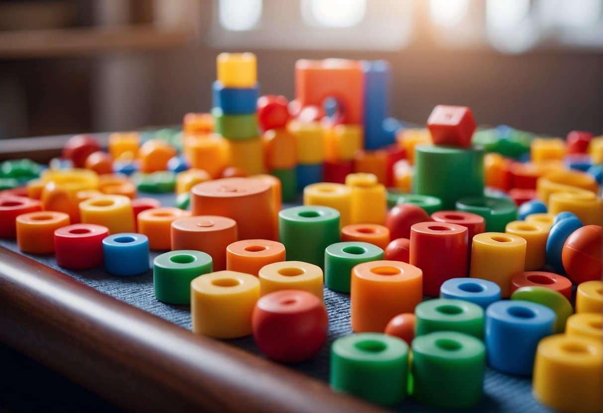 A colorful assortment of toys scattered across a soft, padded play mat, including building blocks, stacking rings, and a pull-along toy