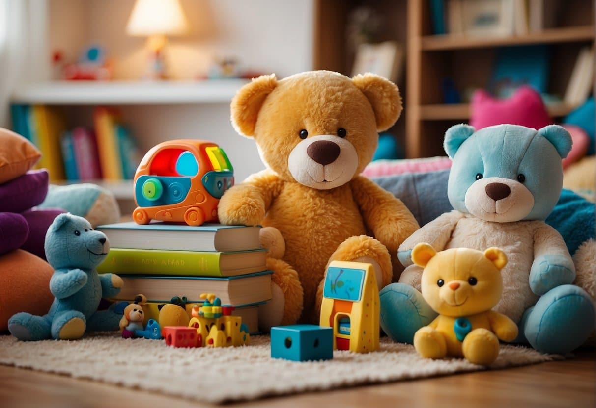 A colorful array of age-appropriate toys and books arranged on a soft, plush rug in a bright and inviting playroom setting