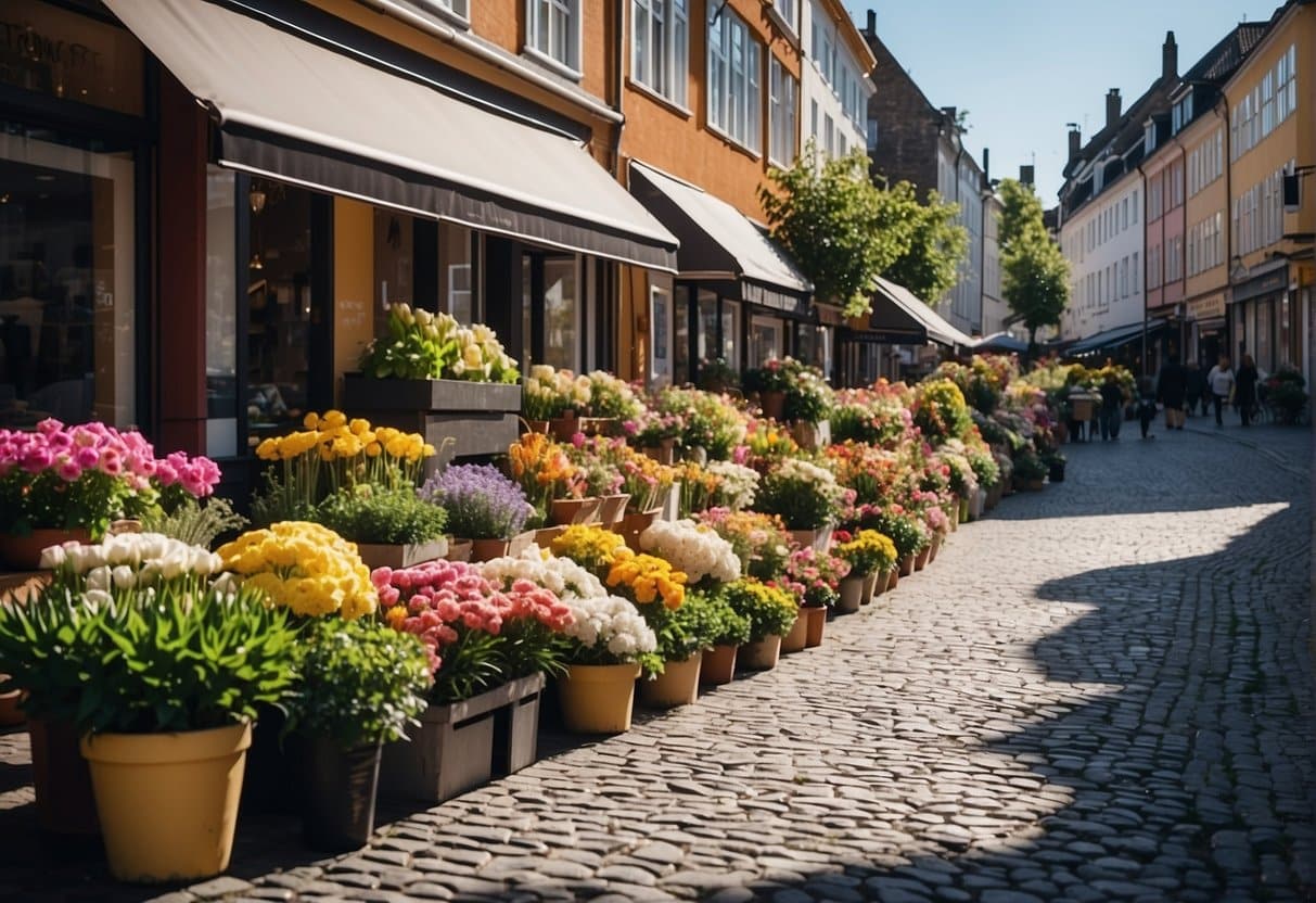 Vibrant flower shops line the cobblestone streets of Aalborg, with colorful blooms spilling out onto the sidewalks, attracting passersby with their fragrant and picturesque displays