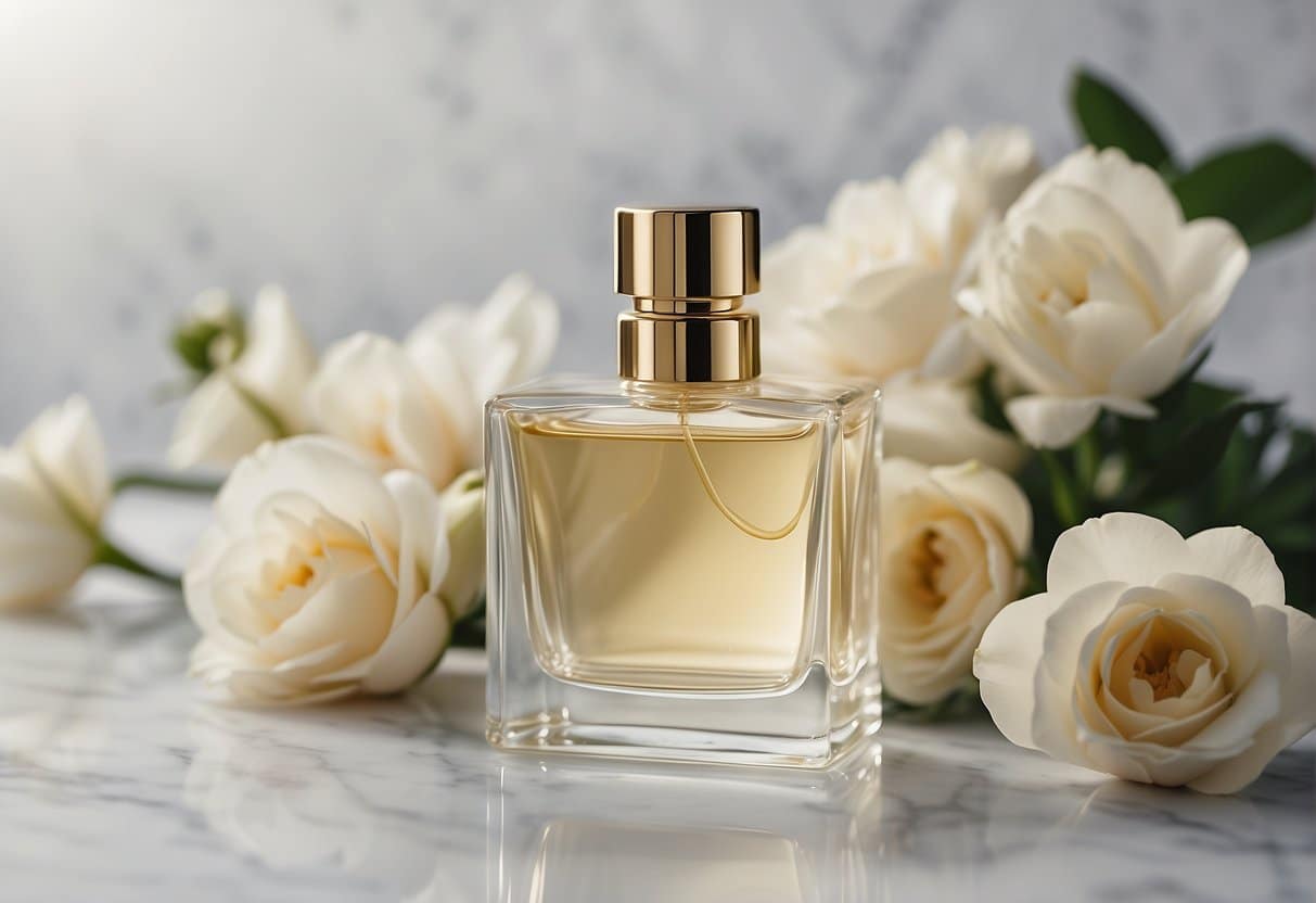 A clean, minimalist perfume bottle sits on a white marble countertop, surrounded by fresh flowers and a soft, neutral color palette