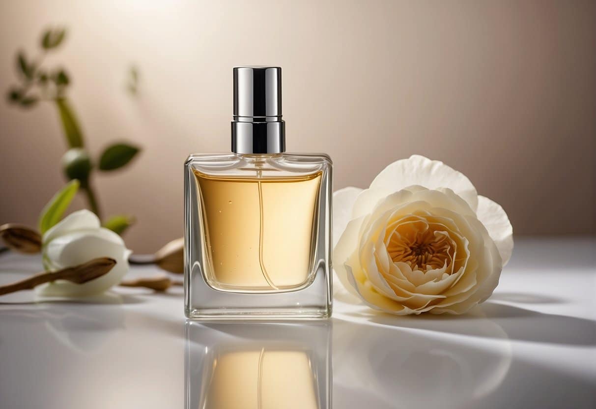 A bottle of Clean perfume and skincare products arranged on a clean, white surface with soft lighting highlighting their textures and details