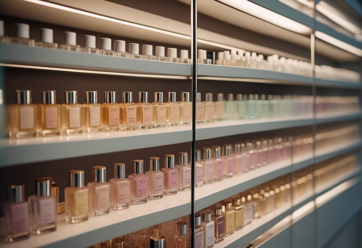 A display of popular clean perfume brands arranged on a shelf with elegant packaging and soft, pastel colors