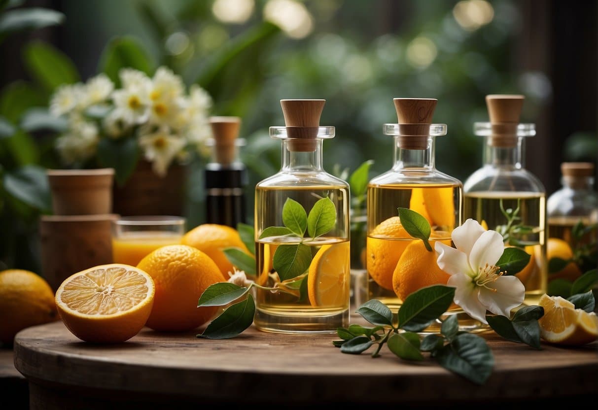 A table with various fragrance ingredients labeled in Danish, such as "citrus," "floral," and "woodsy," surrounded by open bottles and vials