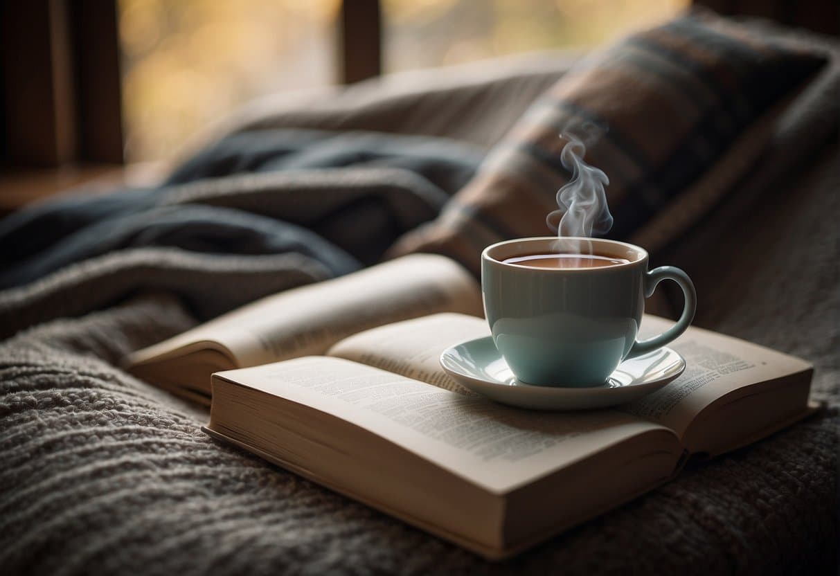 A cozy reading nook with a stack of Colleen Hoover books, a warm blanket, and a steaming cup of tea