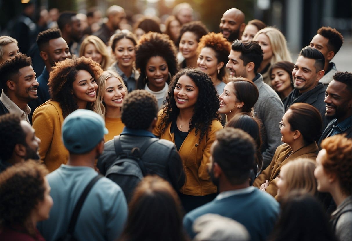 A group of diverse people gather in a circle, supporting each other with care and unity. The atmosphere is warm and inviting, showcasing a strong sense of community and support