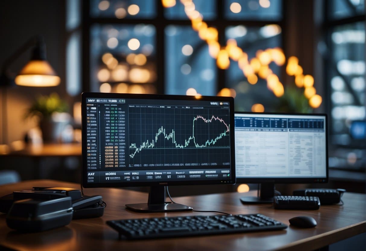 A computer screen with the Nordnet logo and a list of ETF options for monthly savings, surrounded by financial charts and graphs