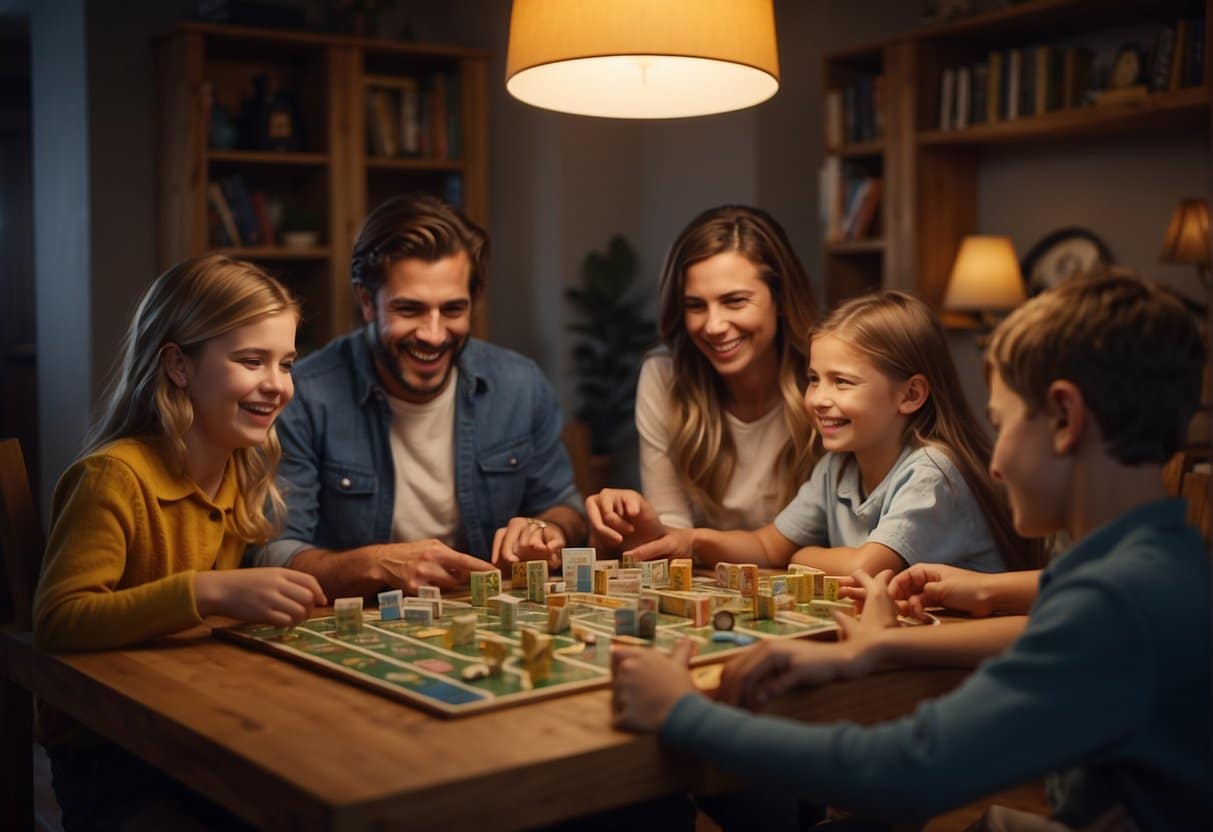 A family sitting around a table, laughing and playing a board game together. The room is cozy, with warm lighting and shelves filled with books and games