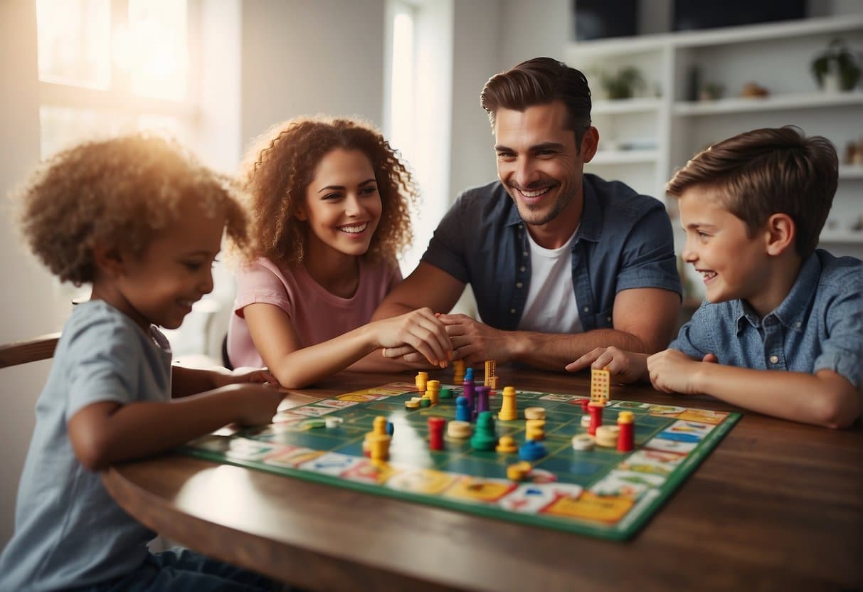 A family sitting around a table, playing a board game with smiles on their faces, surrounded by colorful game pieces and cards