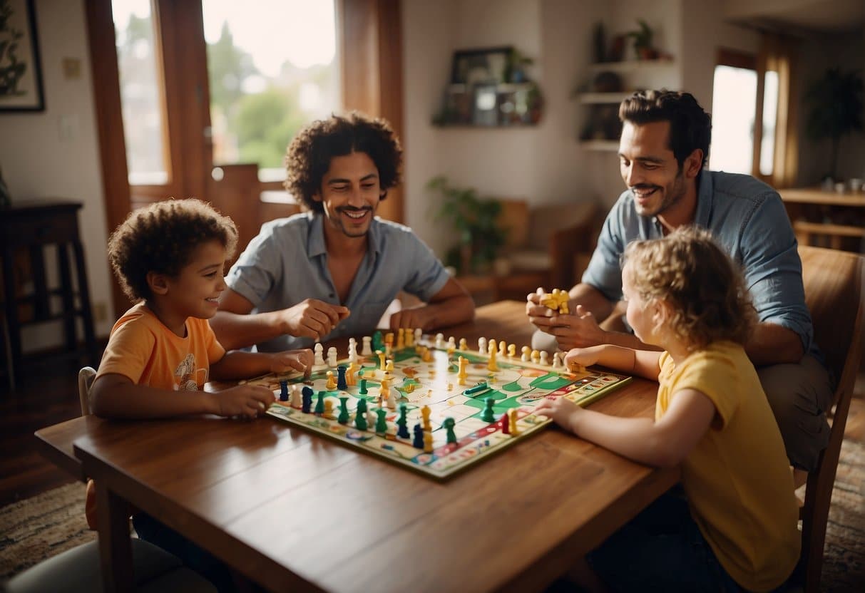 A family sitting around a table, playing a board game together. Laughter and excitement fill the room as they carefully strategize their moves