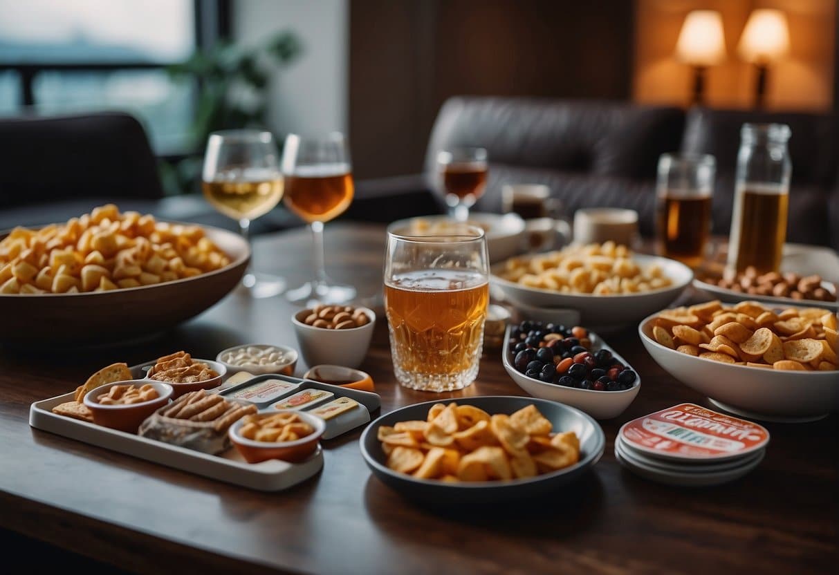 A family game night setup with board games, snacks, and drinks on a table