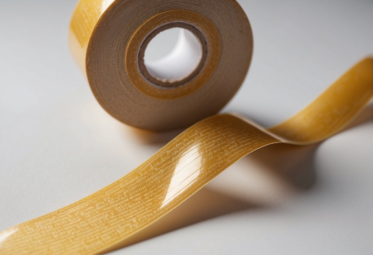 A roll of double-sided tape lies on a clean, white surface, with the end of the tape sticking out and ready to be used