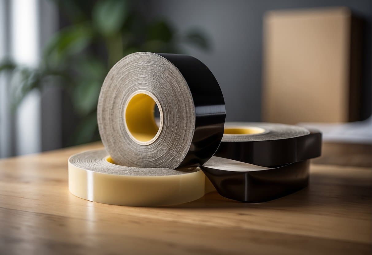 A roll of double-sided tape adheres firmly to a rough surface, effortlessly holding two pieces of material together