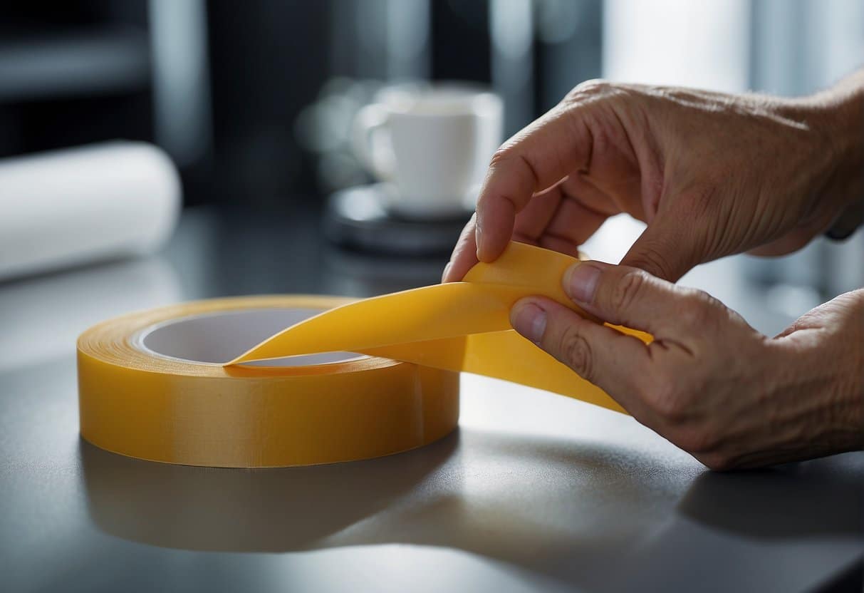 A hand holding two surfaces together with double-sided tape. The tape is being applied to one surface while the other is being pressed down to create a strong bond