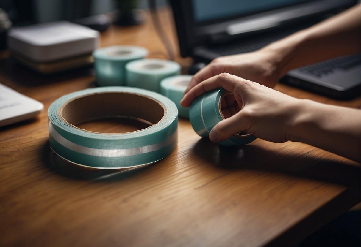 A hand reaching for a roll of double-sided tape on a cluttered desk