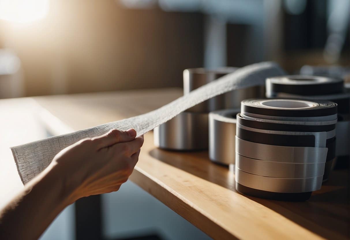 A hand reaching for a roll of high-quality double-sided tape on a clean, well-lit workbench