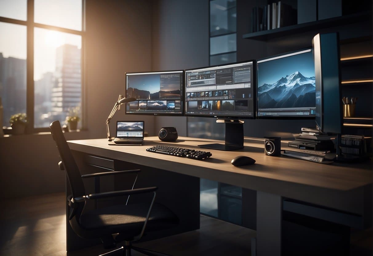 A sleek computer desk with organized storage for Photoshop software and accessories