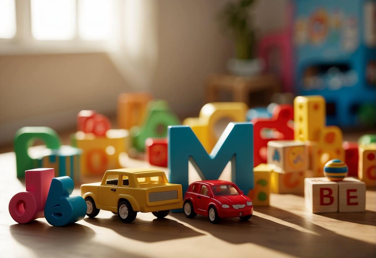 A colorful array of alphabet blocks, toy cars, and animal figurines scattered on a sunlit playroom floor