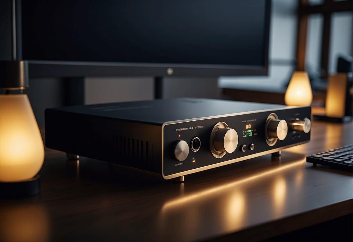 A sleek, modern DAC sits on a clean desk, connected to a laptop. Soft, ambient lighting illuminates the setup, creating a sense of focus and professionalism