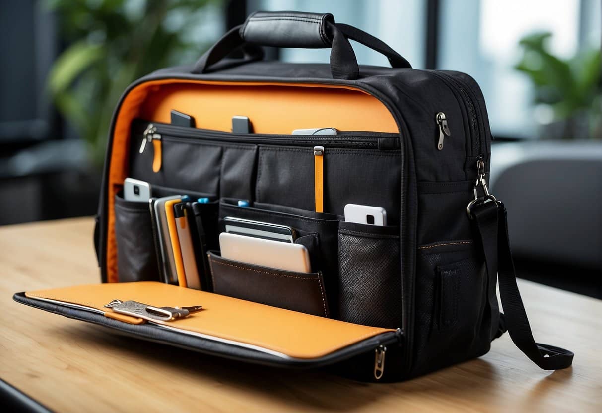 A sleek computer bag with multiple pockets and compartments, neatly organized with various office supplies and electronics