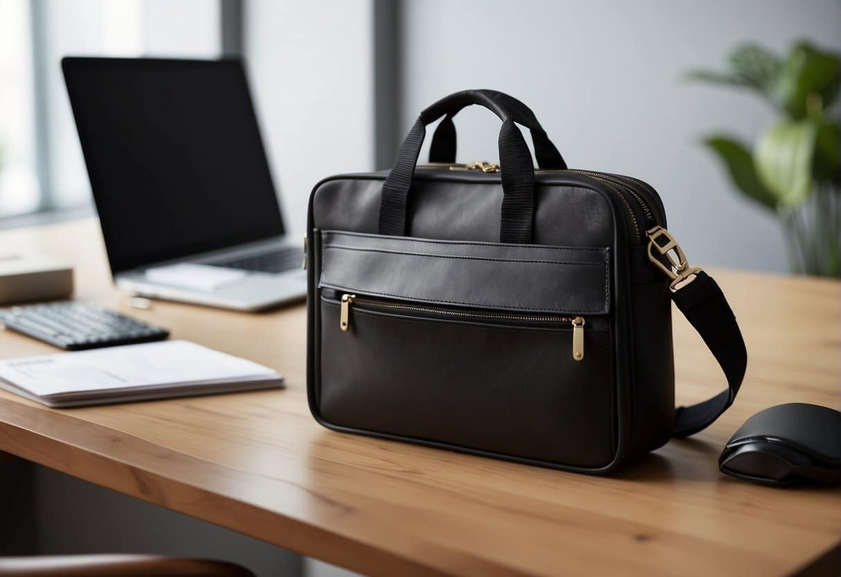 A sleek, modern computer bag sits on a clean, minimalist desk, surrounded by office supplies and a cup of coffee