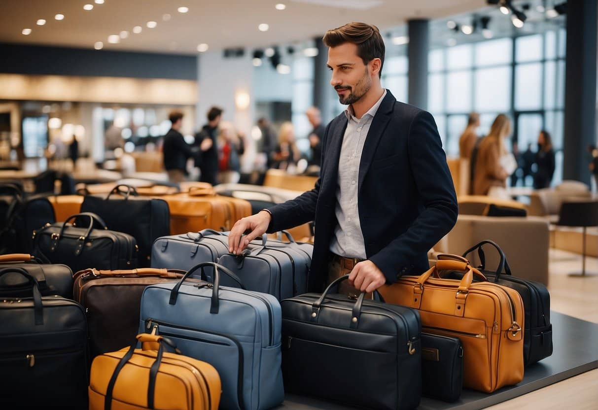 A person browsing through various stylish and functional computer bags, comparing features and prices, with a helpful salesperson offering advice