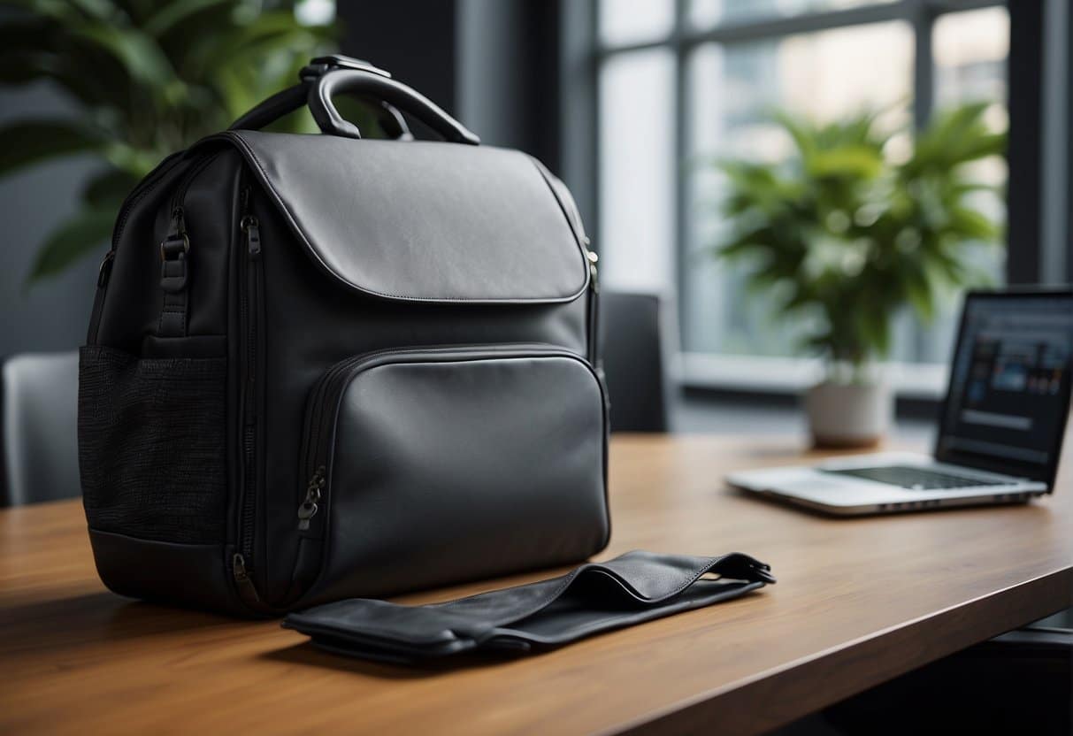 A sleek, modern computer bag sits on a desk, with multiple compartments and comfortable padding for optimal organization and protection