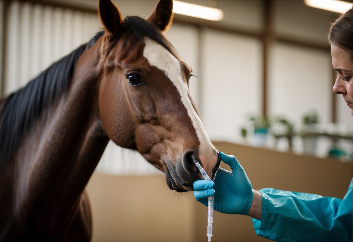 A horse being administered glucosamine by a veterinarian using a syringe