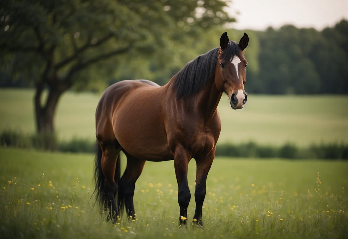 A horse standing in a lush green pasture, with a shiny coat and bright eyes, looking healthy and content